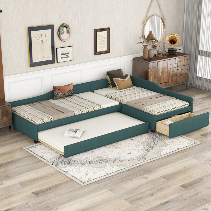 Upholstered Double Daybed with Trundle and Drawer, Green