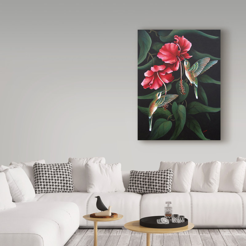 « hummingbird duet », reproduction de peinture à l’acrylique sur toile tendue, H 47 po x l 35 po x P 2 po