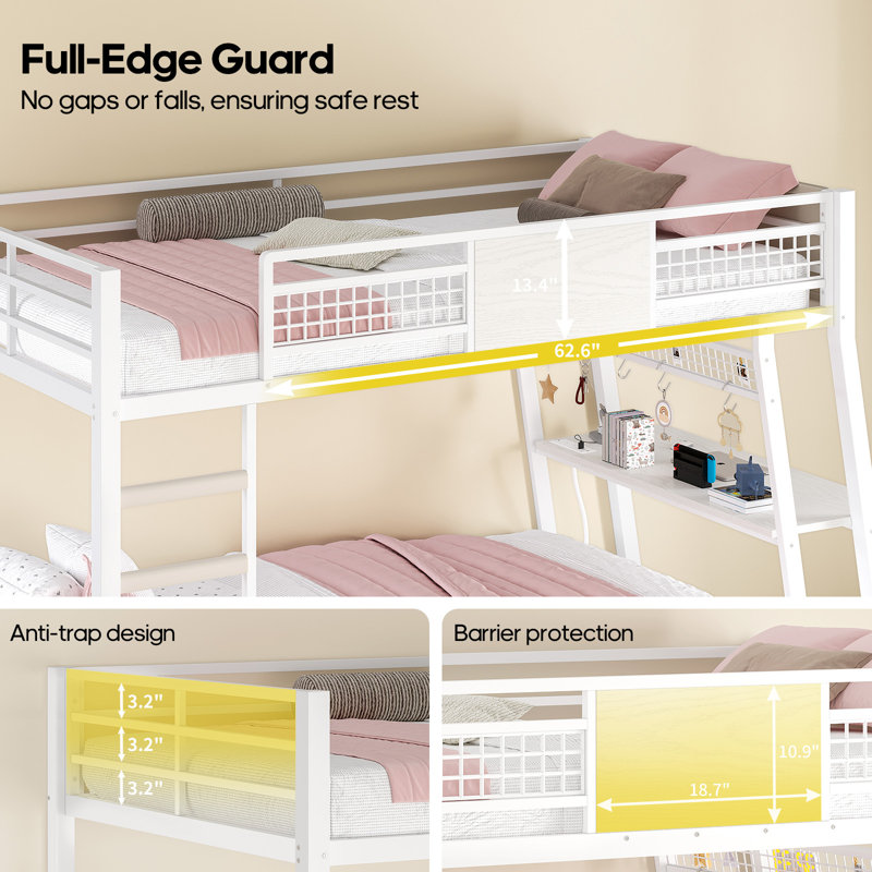 Twin Size Bed With Desk, Twin Metal Bunk Beds With Power Outlets, Rgb Led Lights,Bed With 13.4"h Safety Guardrail & Ladders, No Box Spring Needed