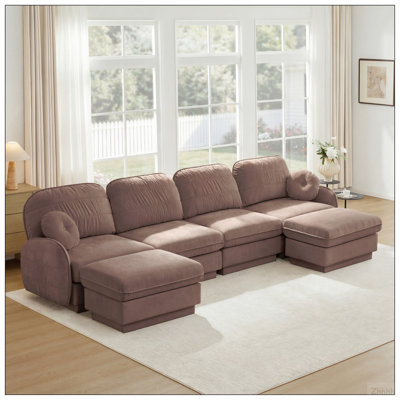 Canapé surdimensionné en U de 137 po en chenille, canapé à assise profonde avec repose-pieds mobile, coussins ronds exquis et coussins de dossier matelassés, pieds à structure encastrée, assemblage facile, convient au salon, poussière de rose