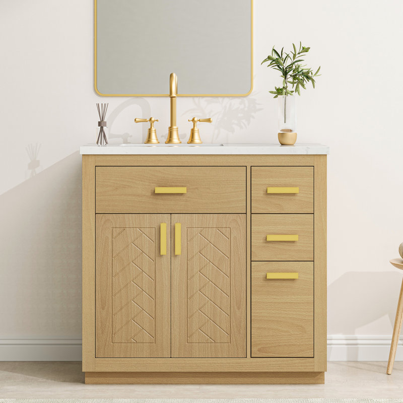 36" Bathroom Vanity With Artificial Marble Top, Flip-Up Storage Shelf, 3 Drawers, Adjustable Interior Shelf & Soft-Close DTC Hinges – Brass Handles, 2-Door Cabinet