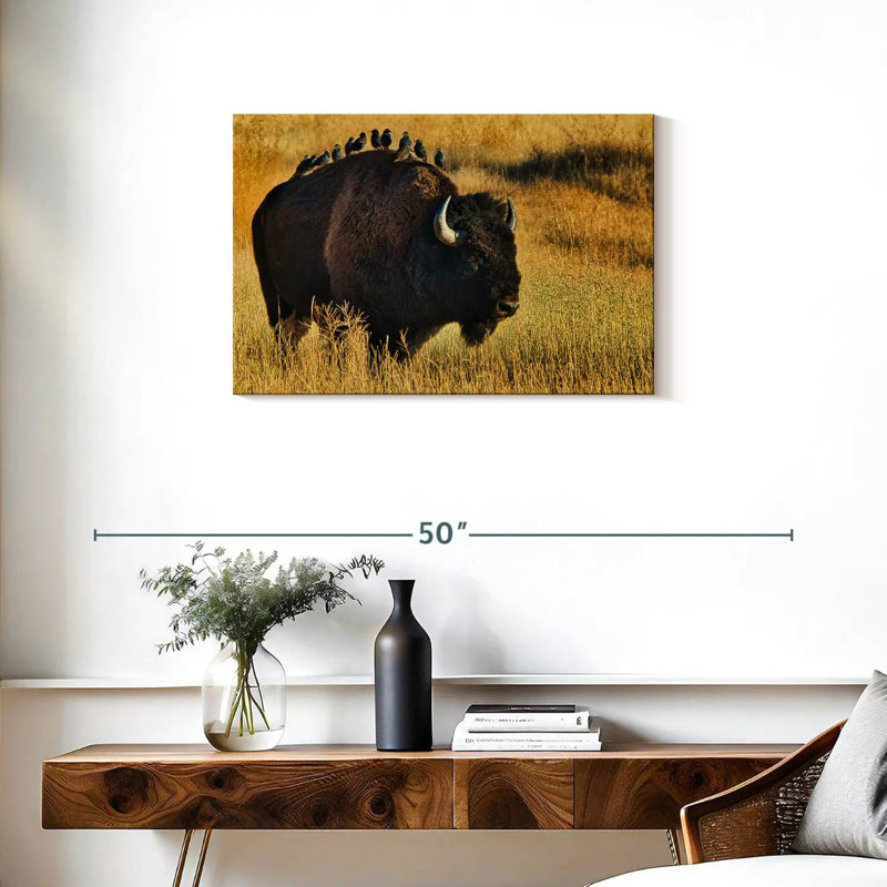Brampt oiseaux sur bison, H 20 po x l 30 po