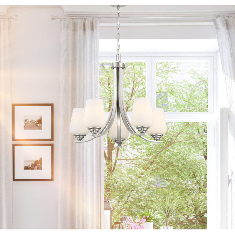 Lustre traditionnel à 5 lumières Arbra, Nickel brossé, Blanc