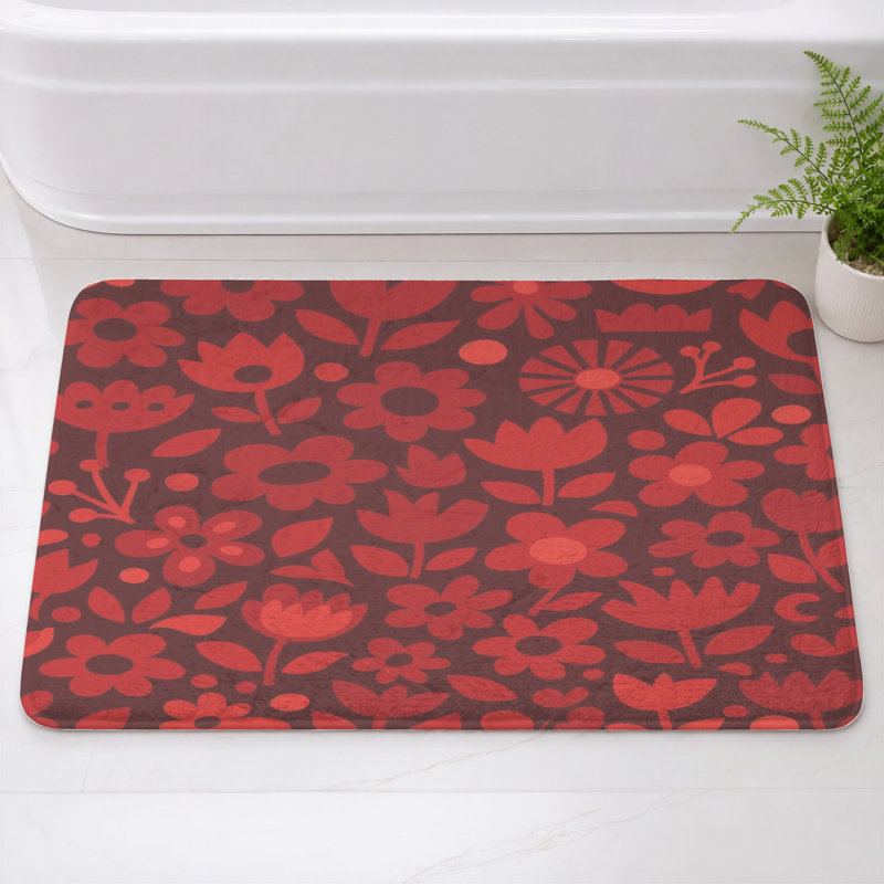 Tapis de bain à motifs floraux audacieux, L 34 po x L 21 po, Rouge foncé / rouge moyen
