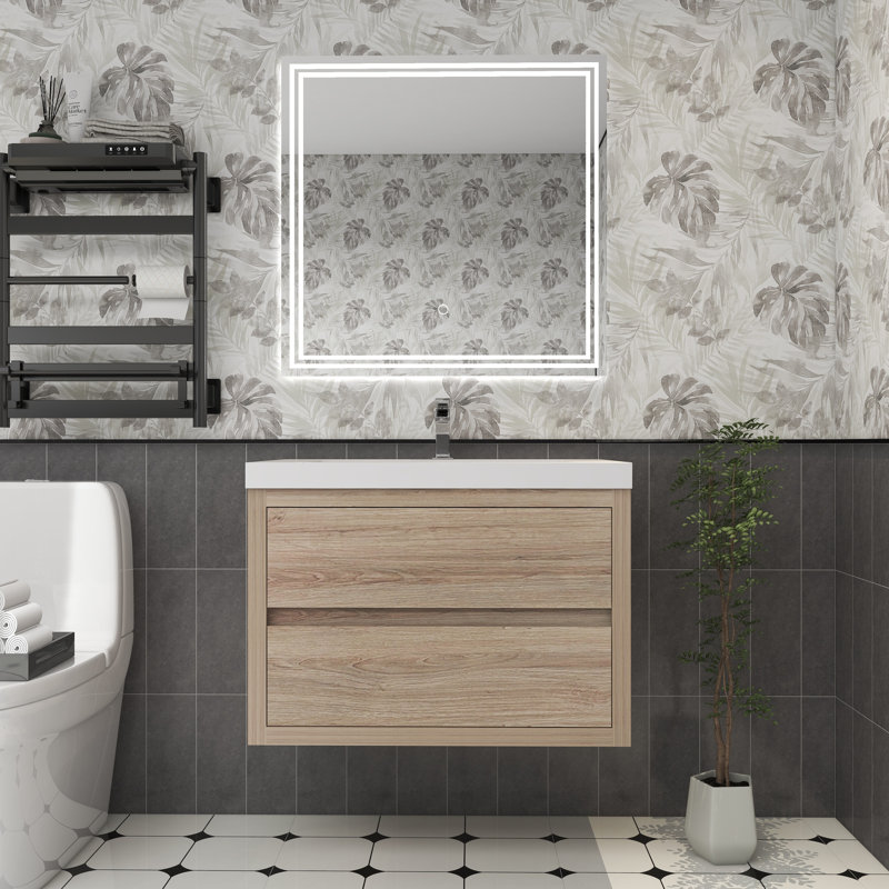 Meuble-lavabo simple 29,5 po avec plateau en acrylique Hoehne, Bois clair