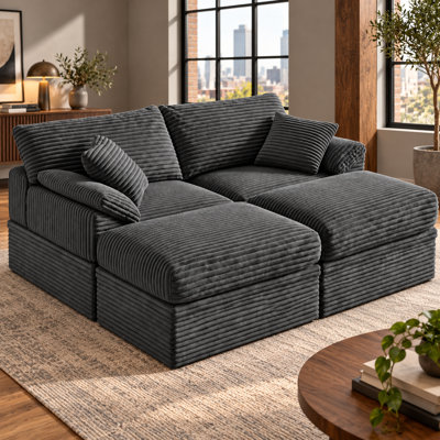 Green 3-Seat Ribbed Upholstered Sofa with Ottoman
