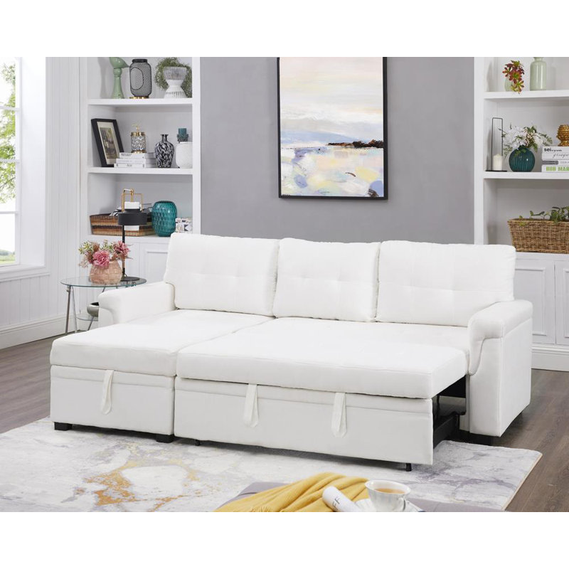 Fanechka Modern Velvet L-Shaped Sectional Sleeper Sofa Bed – Reversible Pull Out Couch with Storage, White Velvet