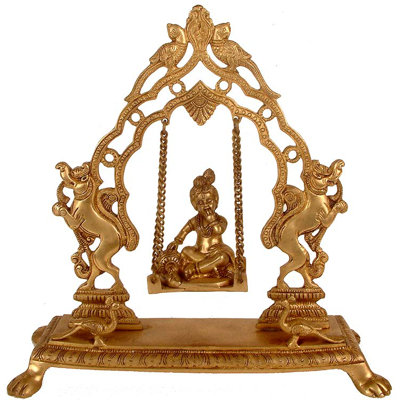 Statue en laiton Bala Gopala sur la balançoire, grande figurine de dévotion de 13 po de hauteur pour autel et salle de méditation