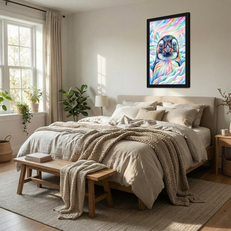Illustration de pingouins animaux sur fond vibrant, H 36 po x l 24 po