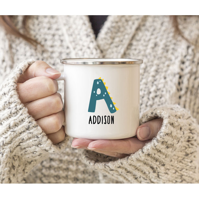 Tasse de café personnalisée avec monogramme personnalisé lettres A à Z, nom personnalisé de dinosaure, tasse de feu de camp en métal pour enfants
