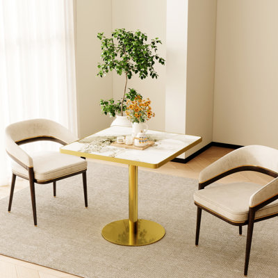 Table bistro moderne de 31,5 pouces avec plateau tulipe, plateau en faux marbre, assemblage facile, construction en métal, dalle brillante Snow Mountain Stone, garniture en alliage d'aluminium, pieds dorés en acier inoxydable, fritté