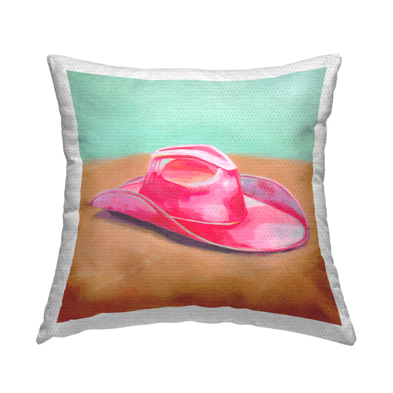 Coussin d'extérieur imprimé rose avec chapeau de cowboy par Grace Popp