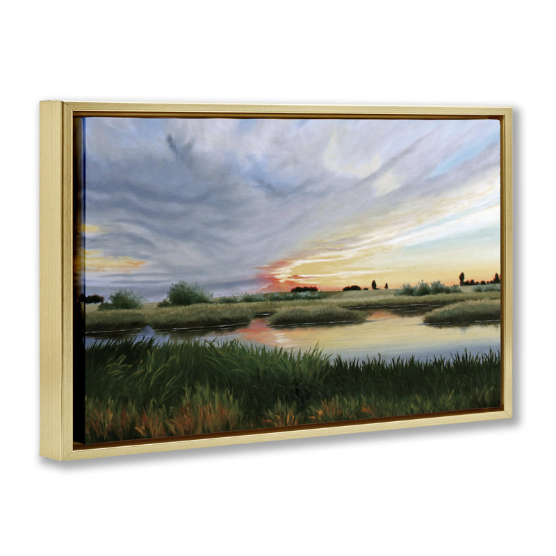 Cadre flottant Sunrise Over Pond, design par Julie Peterson, H 21 po x l 31 po, Cadre flottant métallique doré
