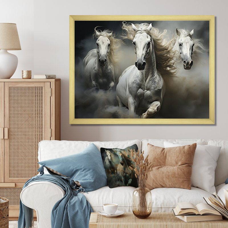 White Beige Horse Equine Harmony Framed On Canvas Print, 16" H x 32" W x 1" D, Gold Single Picture Framed