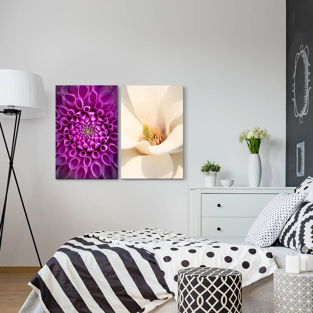 2-tlg. Leinwandbilder-Set - Fotografie „Dahlia Flowers Blossoms White Tulip Purple Summer”