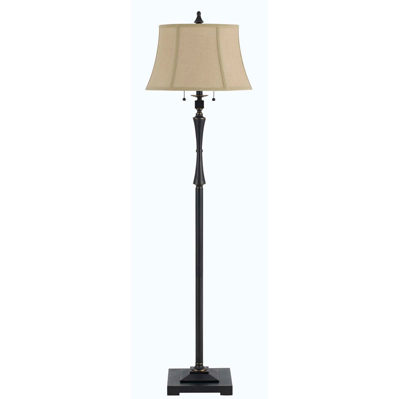 Lampe sur pied 61 "en bronze à deux lumières de forme traditionnelle avec abat-jour carré brun