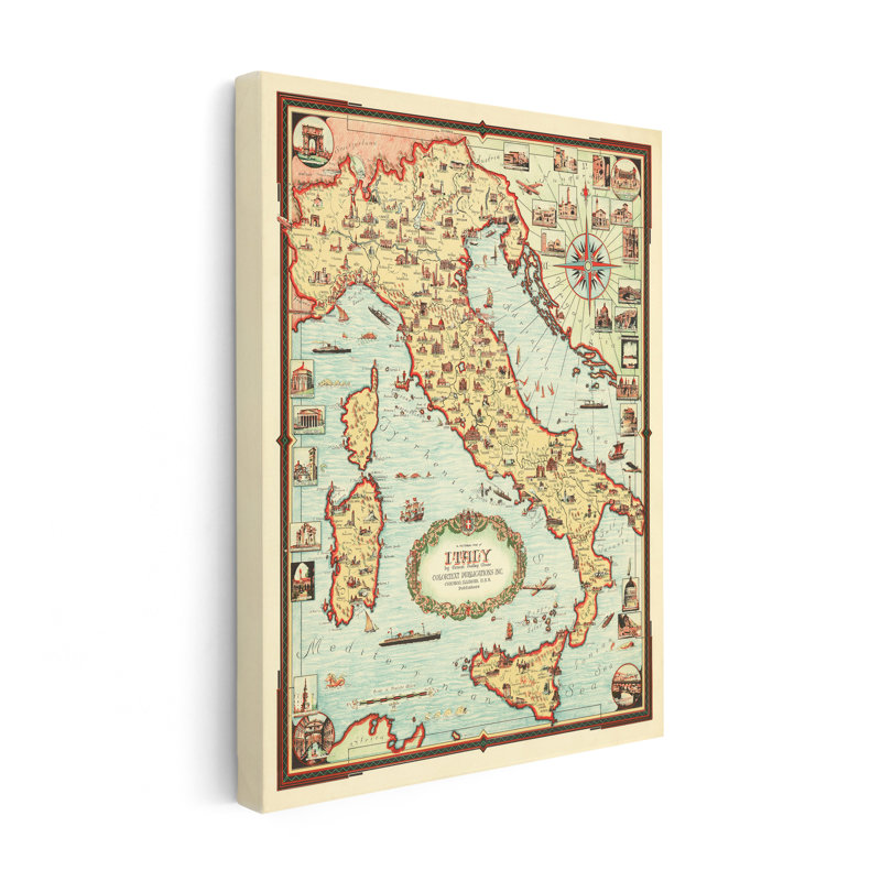 Carte illustrée de l'Italie, Sans cadre, Canevas, H 11 po x l 14 po