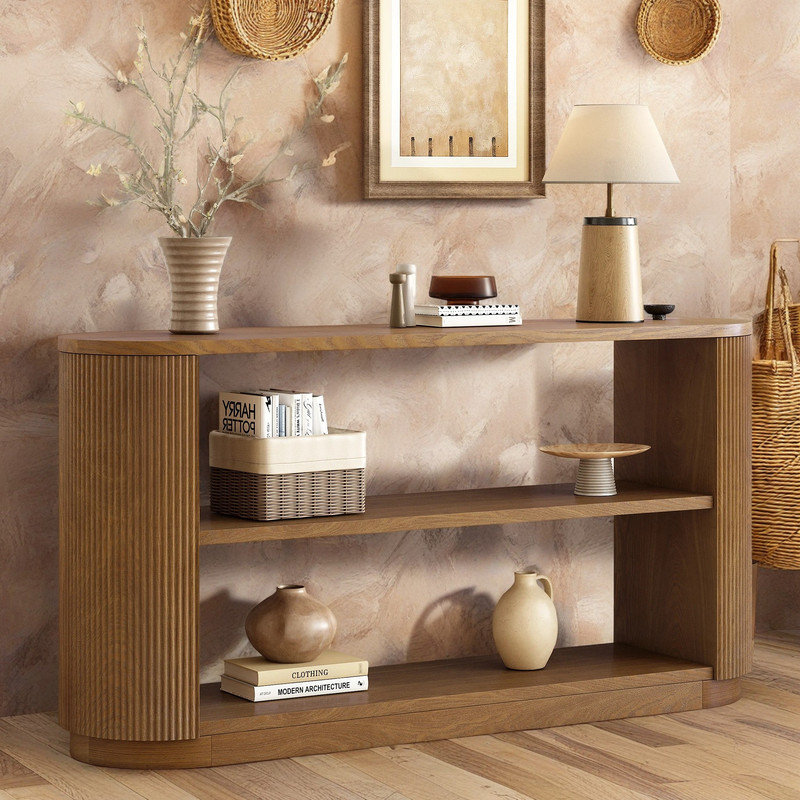 Console ovale contemporaine avec côtés nervurés et deux tablettes ouvertes spacieuses, Brun