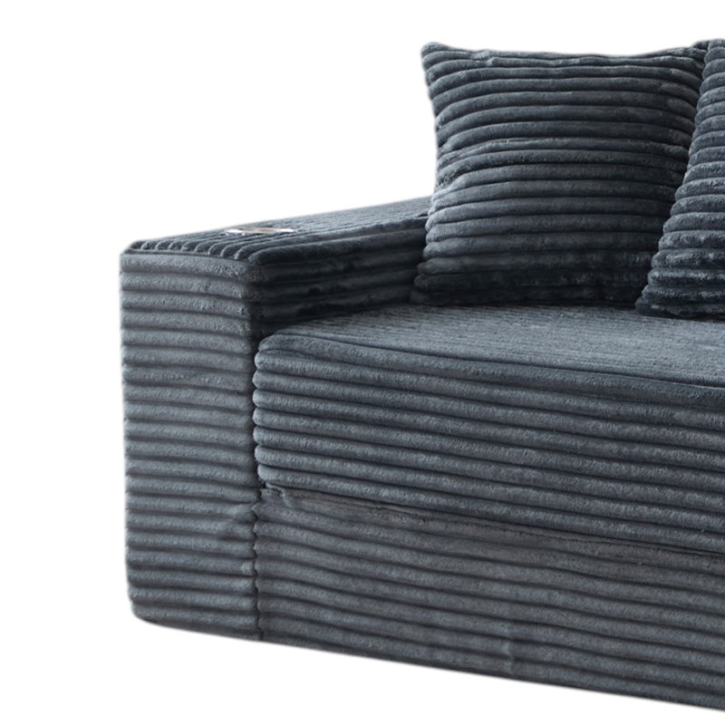Canapé-lit de sol compressible de 195 cm (77 po) de largeur, canapé Teddy sans cadre en velours côtelé avec porte-gobelets et rangement latéral