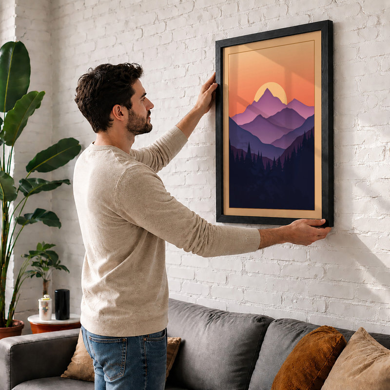 Mountain Silhouette At Dawn Minimalist - Print, Oak, A3 - 42.0 x 29.7 cm