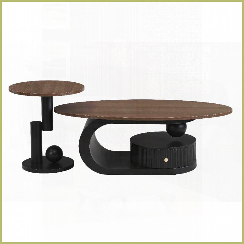 Ensemble de 2 tables basses gigognes pour le salon, ovales et amp; Cadre rond en métal noir avec rangement, assemblage facile