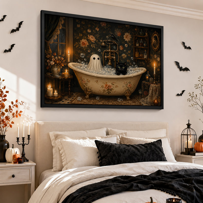 Art mural sur toile, fantôme et chat noir dans une baignoire rétro, H 20 po x l 30 po