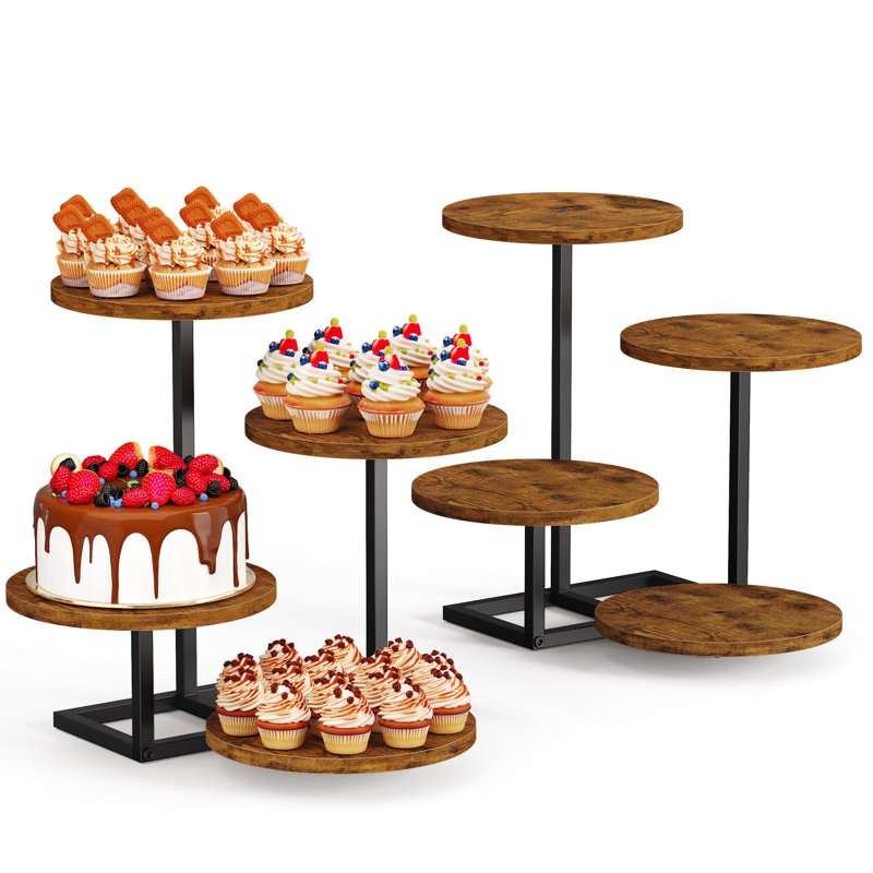 Présentoir à desserts rond en bois à 4 étages, support à cupcakes à étages avec structure en métal pour fêtes, anniversaires, mariages (lot de 2)