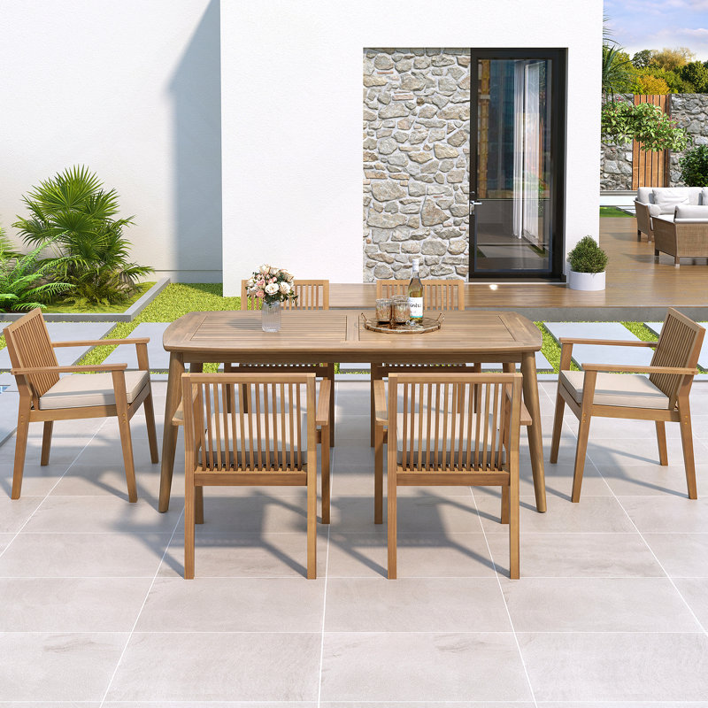 7-Piece Acacia Wood Outdoor Dining Set - 70.75" Table & 6 Chairs With Removable Cushions For Patio Garden, 6, Brown
