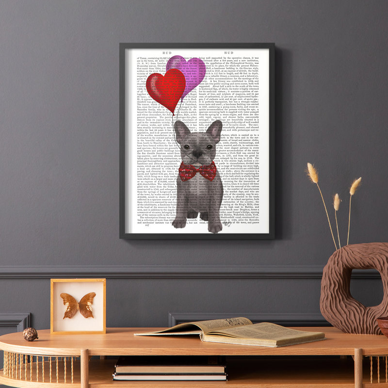 Bouledogue français et ballons français, reproduction encadrée, Cadre simple noir, H 20 po x l 16 po