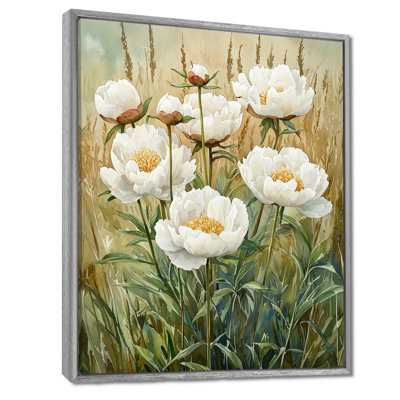 Pivoines dans un champ d'herbe ouvert I - pivoines, art mural