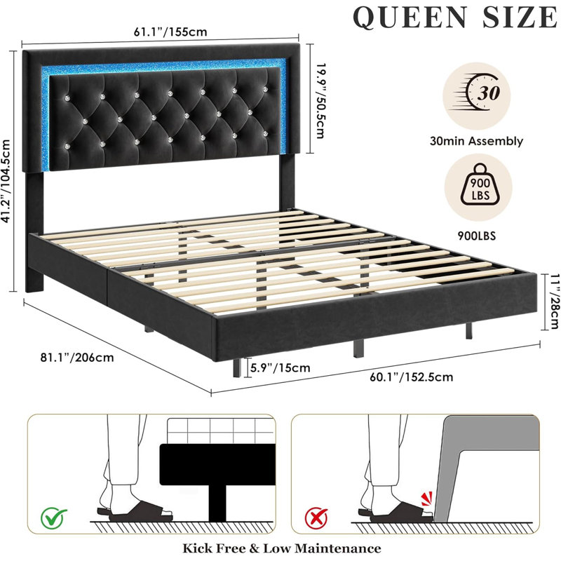Floating Platform Bed Frame with LED Headboard – Upholstered Quilted-Stitched Bed, Sturdy Wood Slats Support, No Box Spring Needed, Full Sizes
