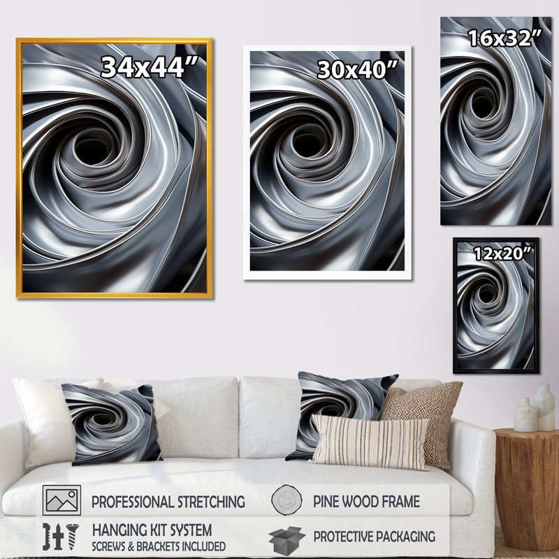 «Gray Spiraling Abstraction - Abstract Spirals», art mural, H 40 po x l 30 po x P 1,5 po, Cadre simple noir