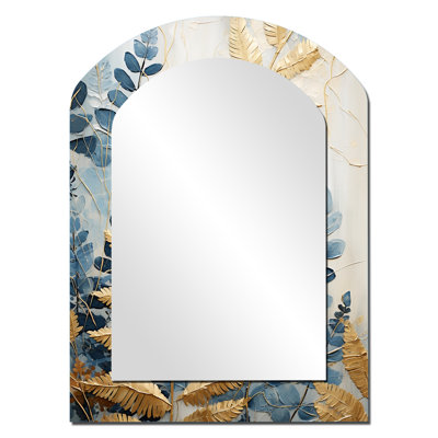 Blue And Golden Ferns Breeze Symphony IV - Ferns Arch Mirror, Blue Asymmetrical Unique Wall Mirror, Printed Metal Art