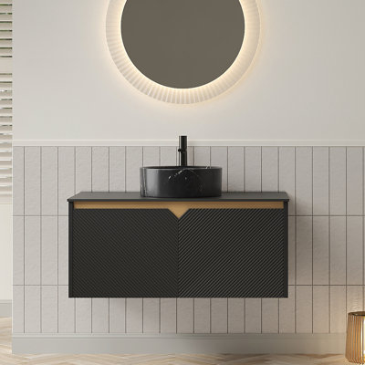 Meuble-lavabo de salle de bain 36 po RUBEN, armoire de rangement flottante murale en contreplaqué, portes doubles en sergé avec garniture en métal, vasque ronde en céramique noire avec motif en pierre et plateau en pierre frittée noire, noir
