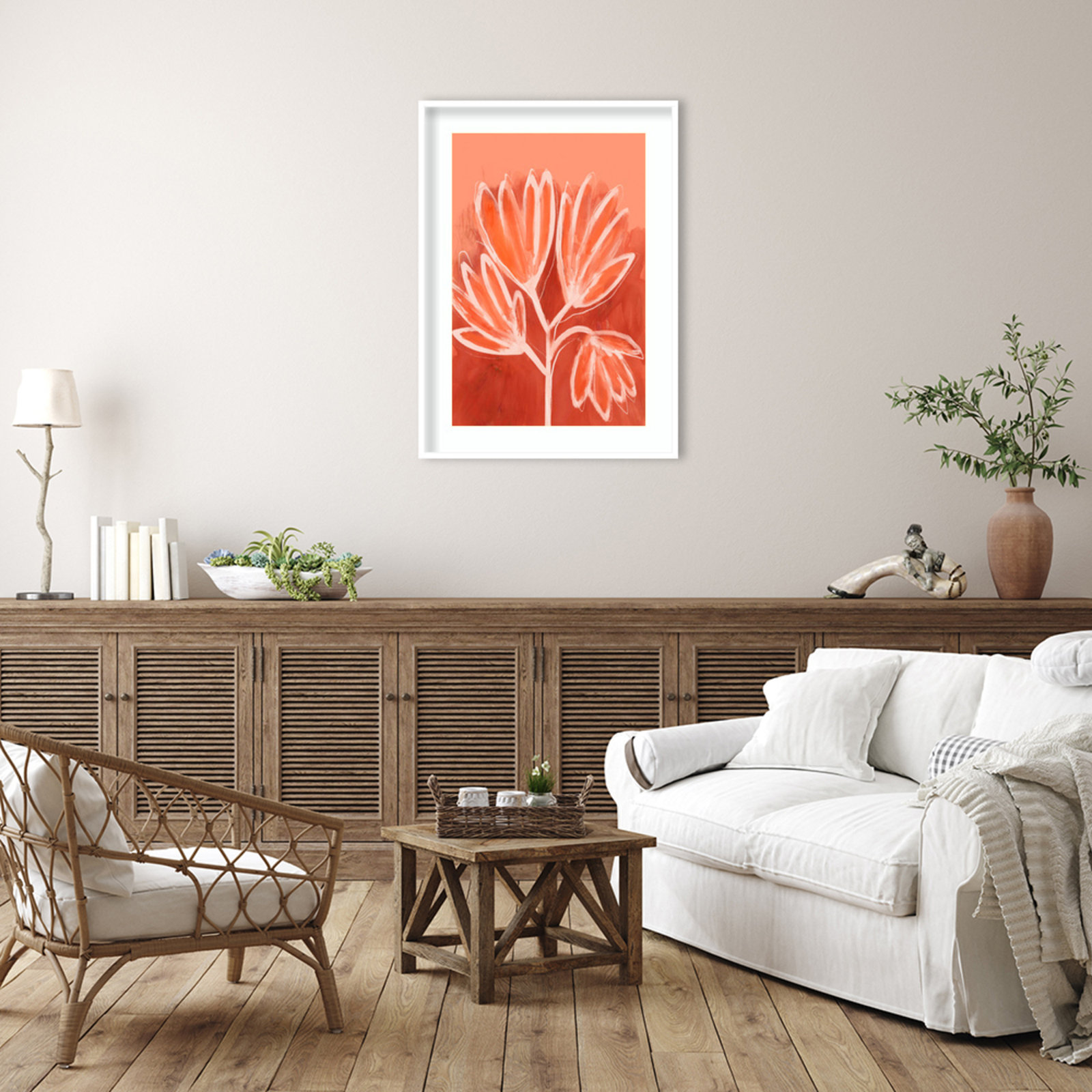 Peachy Flowers by Treechild Wood Framed Wall Art Print, White, 41" H x 30" W