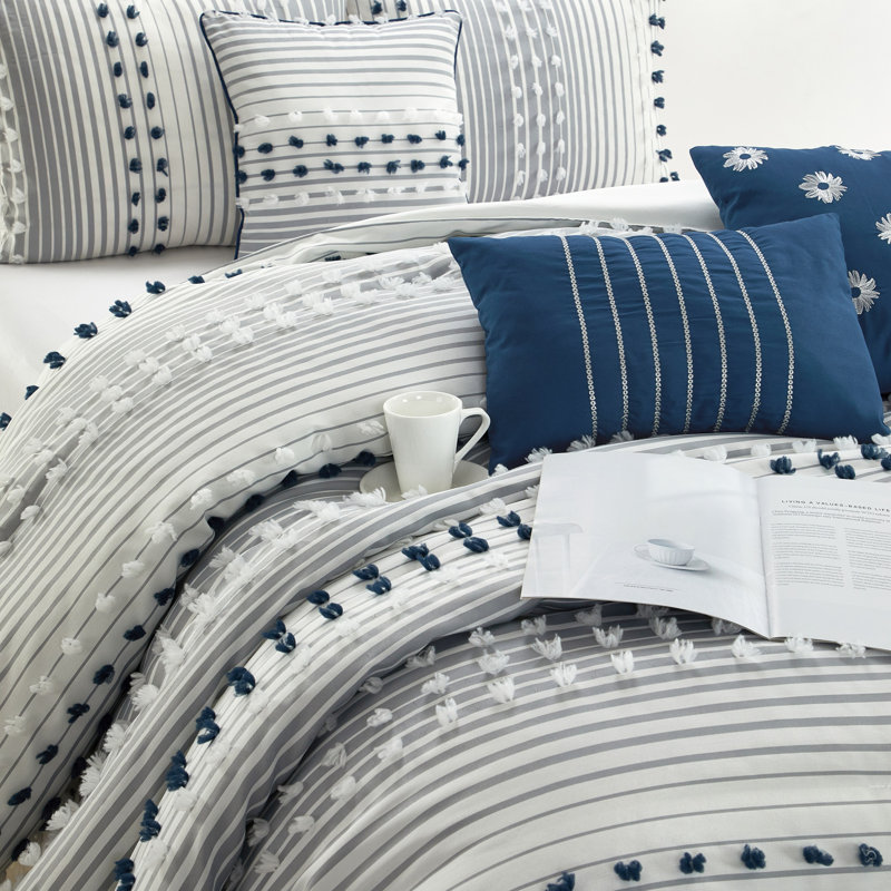 Clarion Pink 7 Piece Chic Striped Comforter Set, King Comforter + 6 Additional Pieces, Blue