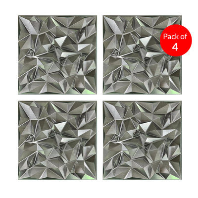 Pack of 4, 3D PVC Wall Panel – Faceted Diamond Design | Silver | 500 x 500 mm | Waterproof & Lightweight