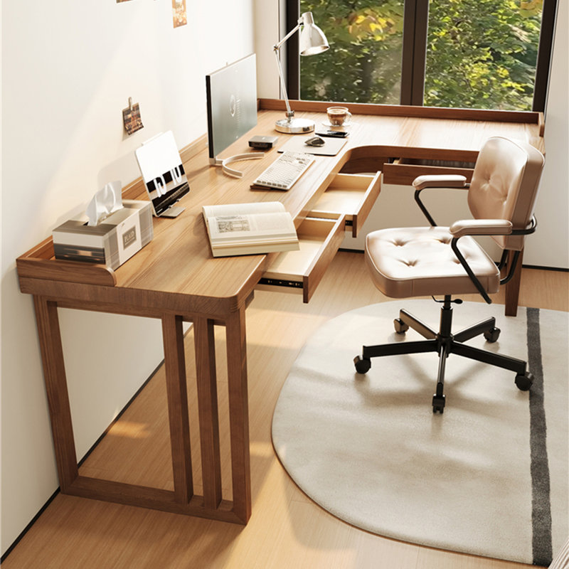 Bureau en bois massif en L de couleur noyer clair avec 3 tiroirs, H 31,50 po x l 70,87 po x P 47,24 po, Retour à droite