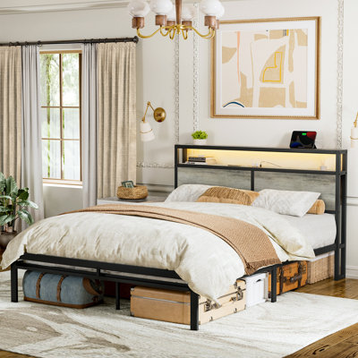 Antioch Bed with LED Light and Charging Station, Storage Headboard, No Box Spring Needed