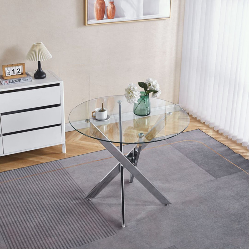 Table basse avec pieds en métal croisés et plateau en verre trempé, Argent argent