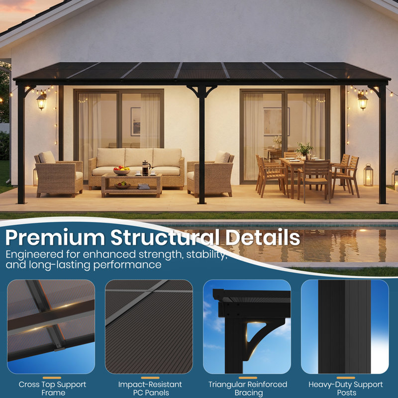 10' X 14' Wall-Mounted Gazebo With Polycarbonate Roof Panels And Aluminum Frame, Lean-To Patio Cover For Backyard Or Porch