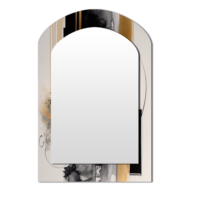 Gold Touch Art Deco II - Abstract Asymmetrical Decorative Mirror, Black Arch Wall Mirror, Printed Metal Art, 43" x 33"