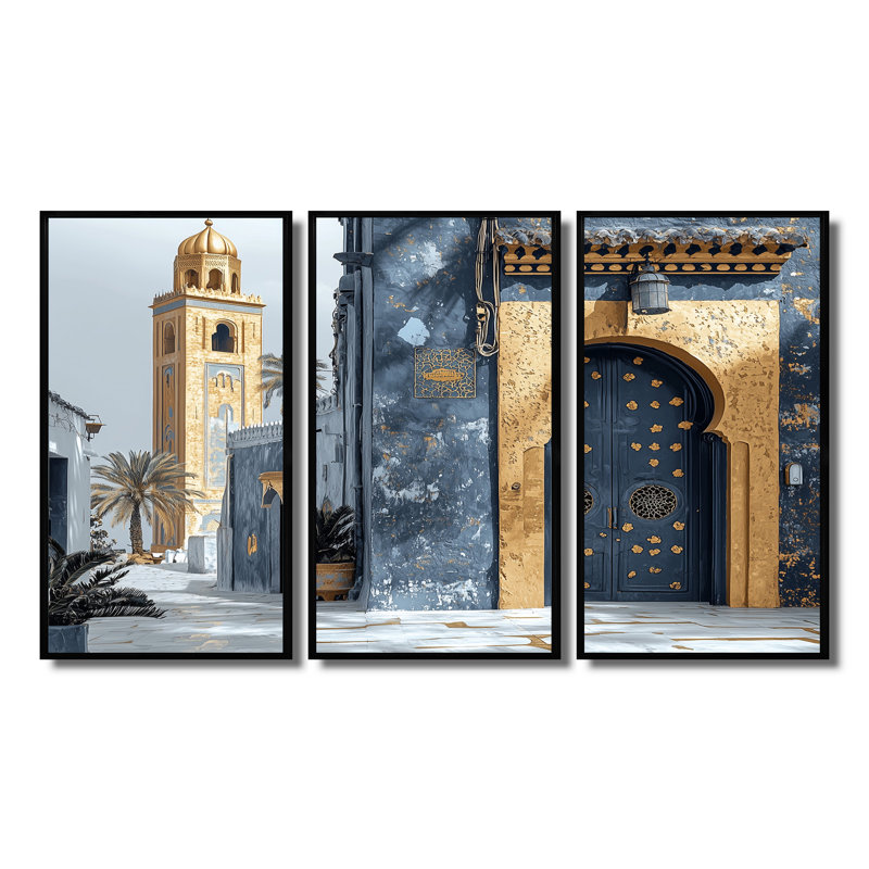 Ensemble de salon art mural or marocain Casablanca I, Toile avec cadre flottant noir, H 32 po x l 48 po x P 1 po