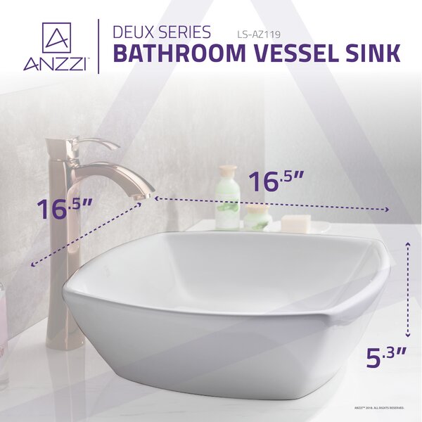 ANZZI Deux Series 16.5'' White Vitreous China Square Vessel Bathroom ...