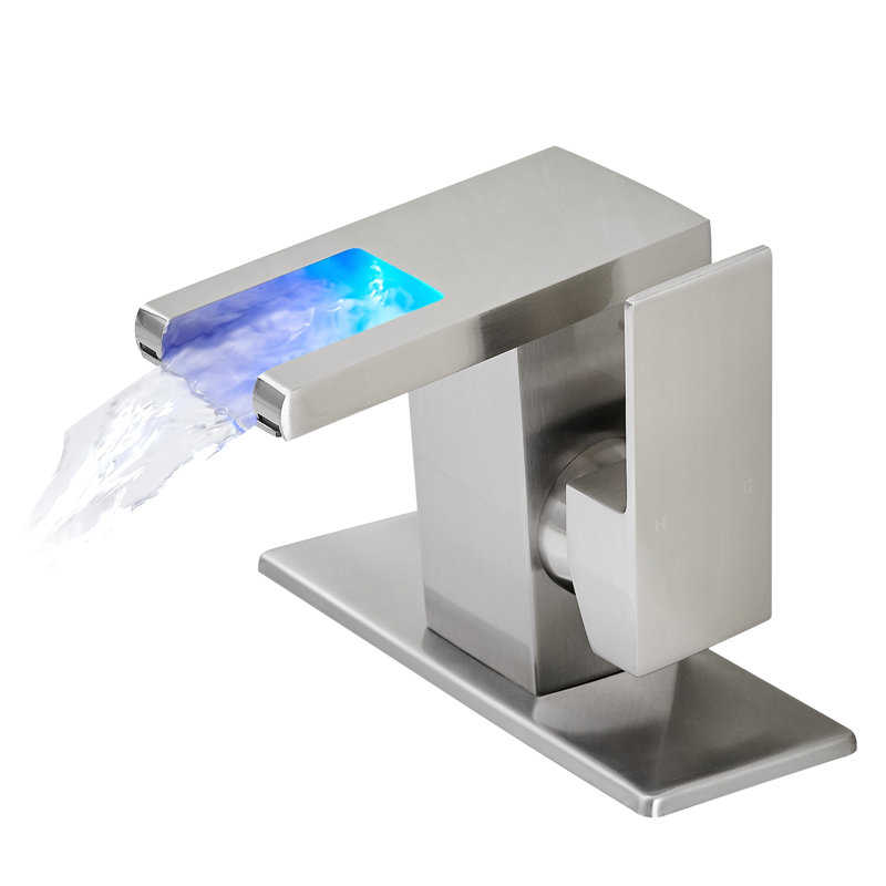 Led Bathroom Sink Faucet, Waterfall Spout, 3 Colors Changing By Temp, Deck Mounted One Hole, Single Handle, Brushed Nickel, Hot Cold Water Glass , Hole Mount,