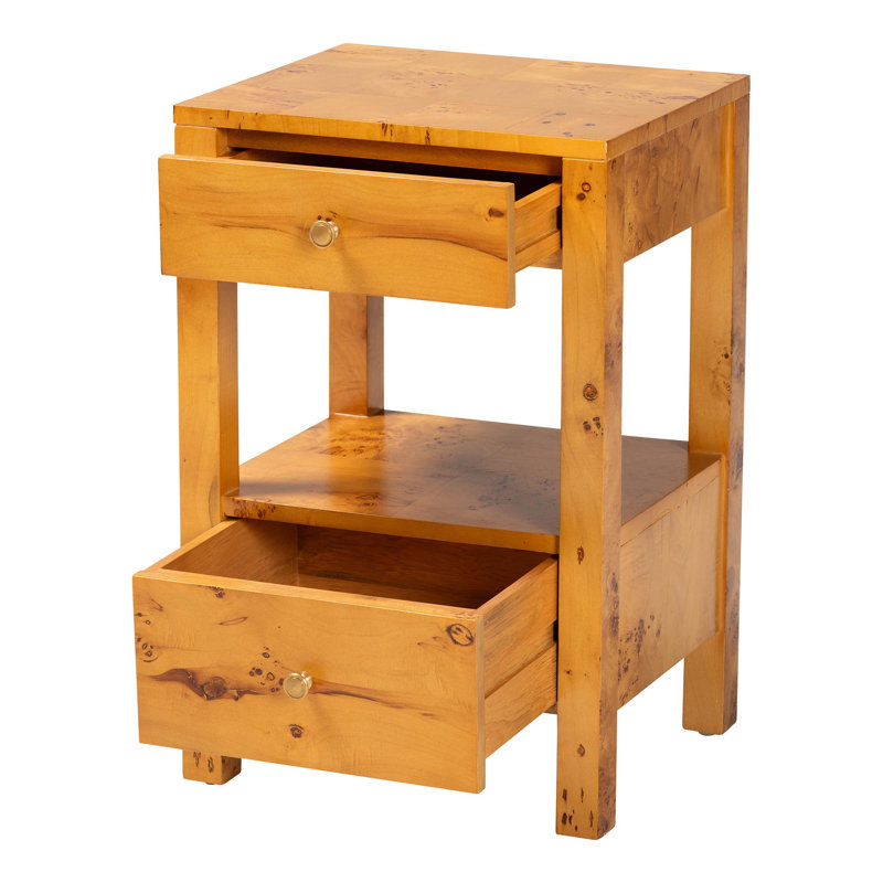 Edmeo Modern And Contemporary Natural Light Mappa Burl Wood 2-Drawer Nightstand