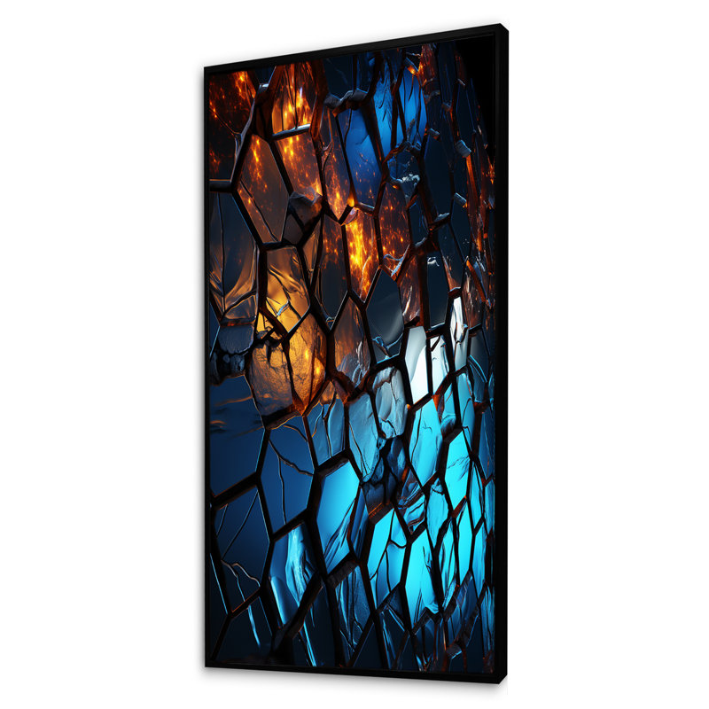 "Mosaïque fractale bleue et jaune III", Cadre flottant noir, H 60 po x l 28 po x P 1,5 po