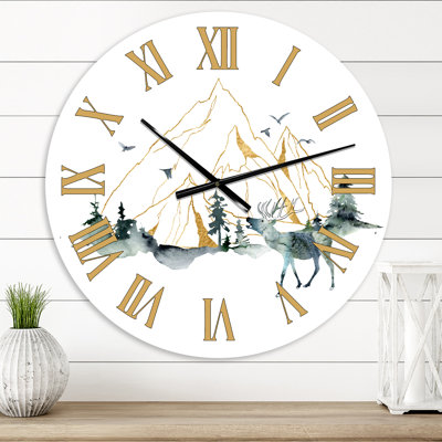 Horloge murale moderne paysage minimaliste de Forest Mountains & Deer