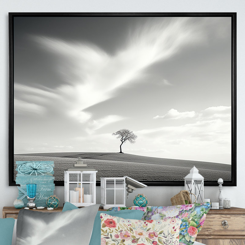 Black And White Solitude Tree In Meadow - Trees Canvas Print, 24" H x 32" W x 1" D, Cadre flottant noir