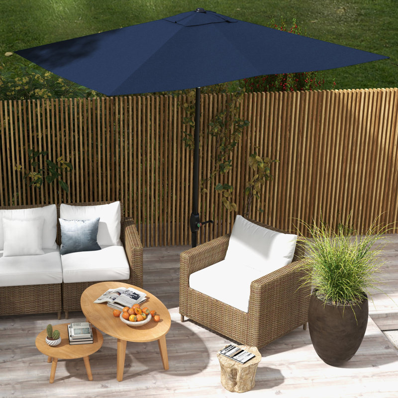 6.5' X 10' Patio Umbrella Blue, Large Outdoor Table With Crank, Tilt Control And 50+ Coverage Rectangular Blue Umbrella, Convenient Push Button &